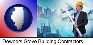 Downers Grove, Illinois - building contractor holding blueprints - cityscape background