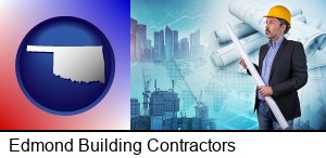 Edmond, Oklahoma - building contractor holding blueprints - cityscape background