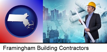 building contractor holding blueprints - cityscape background in Framingham, MA