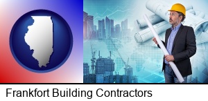 Frankfort, Illinois - building contractor holding blueprints - cityscape background
