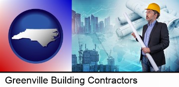 building contractor holding blueprints - cityscape background in Greenville, NC