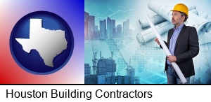 Houston, Texas - building contractor holding blueprints - cityscape background