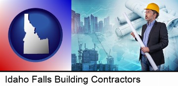 building contractor holding blueprints - cityscape background in Idaho Falls, ID