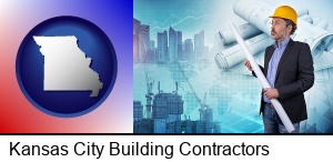 Kansas City, Missouri - building contractor holding blueprints - cityscape background