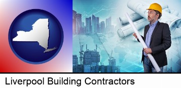 building contractor holding blueprints - cityscape background in Liverpool, NY