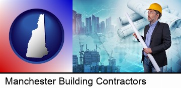 building contractor holding blueprints - cityscape background in Manchester, NH