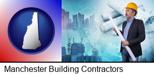 Manchester, New Hampshire - building contractor holding blueprints - cityscape background