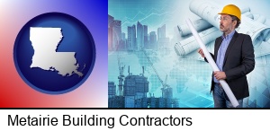 Metairie, Louisiana - building contractor holding blueprints - cityscape background