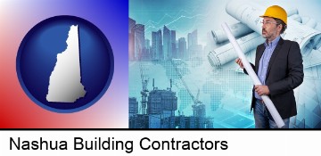 building contractor holding blueprints - cityscape background in Nashua, NH