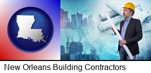New Orleans, Louisiana - building contractor holding blueprints - cityscape background