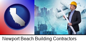 Newport Beach, California - building contractor holding blueprints - cityscape background