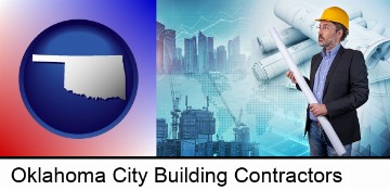 building contractor holding blueprints - cityscape background in Oklahoma City, OK