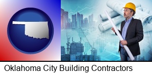 Oklahoma City, Oklahoma - building contractor holding blueprints - cityscape background