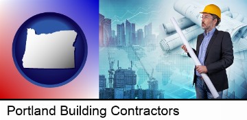 building contractor holding blueprints - cityscape background in Portland, OR