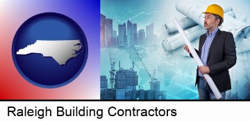 building contractor holding blueprints - cityscape background in Raleigh, NC
