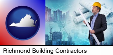 building contractor holding blueprints - cityscape background in Richmond, VA