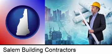 building contractor holding blueprints - cityscape background in Salem, NH