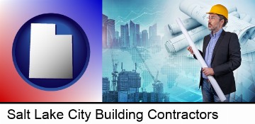 building contractor holding blueprints - cityscape background in Salt Lake City, UT