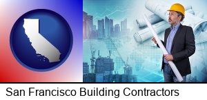 San Francisco, California - building contractor holding blueprints - cityscape background