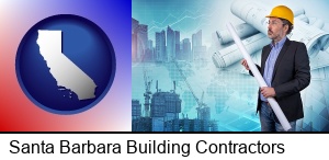 Santa Barbara, California - building contractor holding blueprints - cityscape background