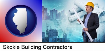 building contractor holding blueprints - cityscape background in Skokie, IL
