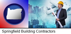Springfield, Oregon - building contractor holding blueprints - cityscape background