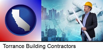 building contractor holding blueprints - cityscape background in Torrance, CA