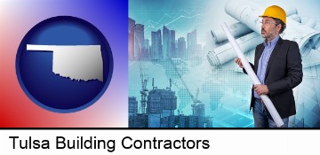 building contractor holding blueprints - cityscape background in Tulsa, OK