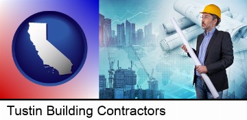 building contractor holding blueprints - cityscape background in Tustin, CA