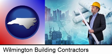 building contractor holding blueprints - cityscape background in Wilmington, NC