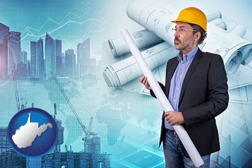 building contractor holding blueprints - cityscape background - with West Virginia icon
