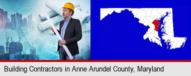 building contractor holding blueprints - cityscape background; Anne Arundel County highlighted in red on a map