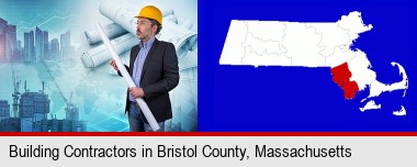 building contractor holding blueprints - cityscape background; Bristol County highlighted in red on a map