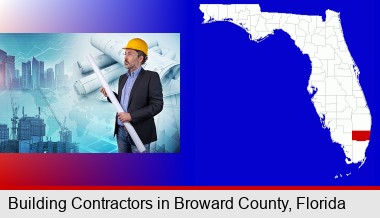 building contractor holding blueprints - cityscape background; Broward County highlighted in red on a map