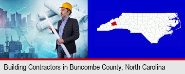building contractor holding blueprints - cityscape background; Buncombe County highlighted in red on a map