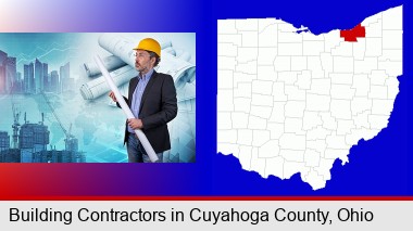building contractor holding blueprints - cityscape background; Cuyahoga County highlighted in red on a map