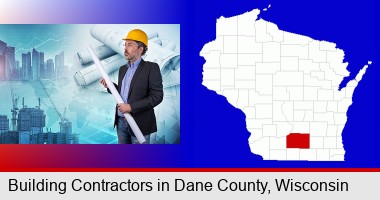 building contractor holding blueprints - cityscape background; Dane County highlighted in red on a map