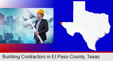 building contractor holding blueprints - cityscape background; El Paso County highlighted in red on a map