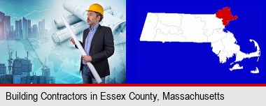 building contractor holding blueprints - cityscape background; Essex County highlighted in red on a map
