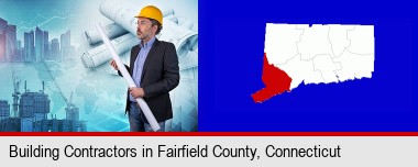 building contractor holding blueprints - cityscape background; Fairfield County highlighted in red on a map