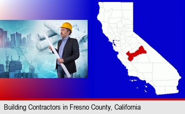 building contractor holding blueprints - cityscape background; Fresno County highlighted in red on a map