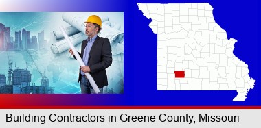 building contractor holding blueprints - cityscape background; Greene County highlighted in red on a map