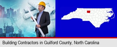 building contractor holding blueprints - cityscape background; Guilford County highlighted in red on a map