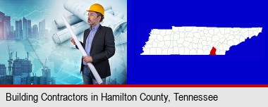 building contractor holding blueprints - cityscape background; Hamilton County highlighted in red on a map
