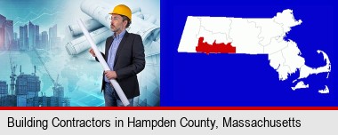 building contractor holding blueprints - cityscape background; Hampden County highlighted in red on a map