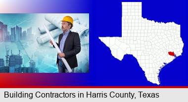 building contractor holding blueprints - cityscape background; Harris County highlighted in red on a map