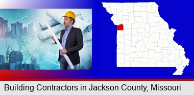 building contractor holding blueprints - cityscape background; Jackson County highlighted in red on a map