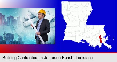 building contractor holding blueprints - cityscape background; Jefferson Parish highlighted in red on a map