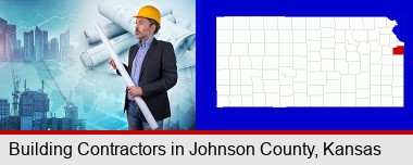 building contractor holding blueprints - cityscape background; Johnson County highlighted in red on a map