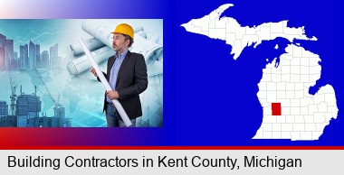 building contractor holding blueprints - cityscape background; Kent County highlighted in red on a map